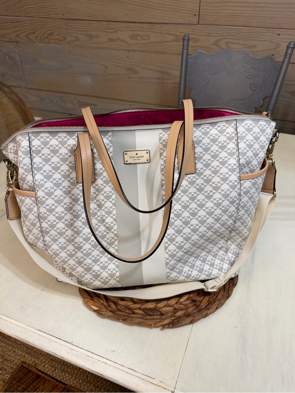 kate spade Cream Patterned Tote with Tan Trim and Pink Interior